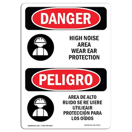 Signmission OSHA, High Noise Area Ear Protection Bilingual, 14in X 10in Rigid Plastic, 10" W, 14" H, Spanish OS-DS-P-1014-VS-1323